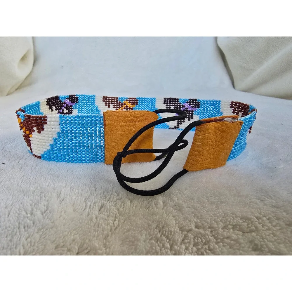 Handmade Seed Bead Loom Woven Headband Blue Landscape Boho Southwestern Style